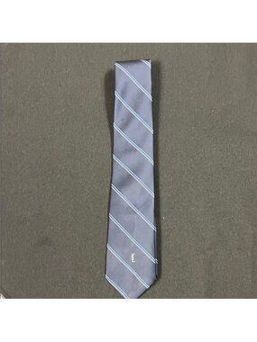 Vintage Yves Saint Laurent Navy Blue Silk Tie with Light Blue & White Stripes